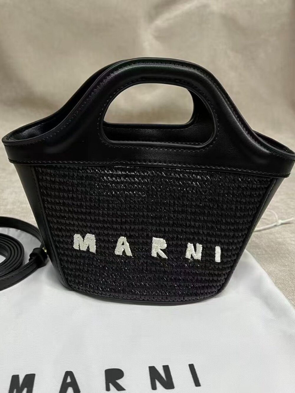 Marni Woven Straw Mini Tote Handbag Black Leather Trim